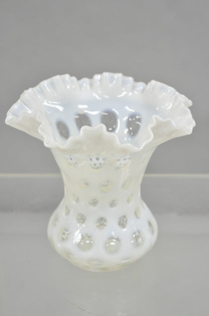 Vintage Fenton White Coin Dot Opalescent Art Glass Ruffle Edge Flower Vase