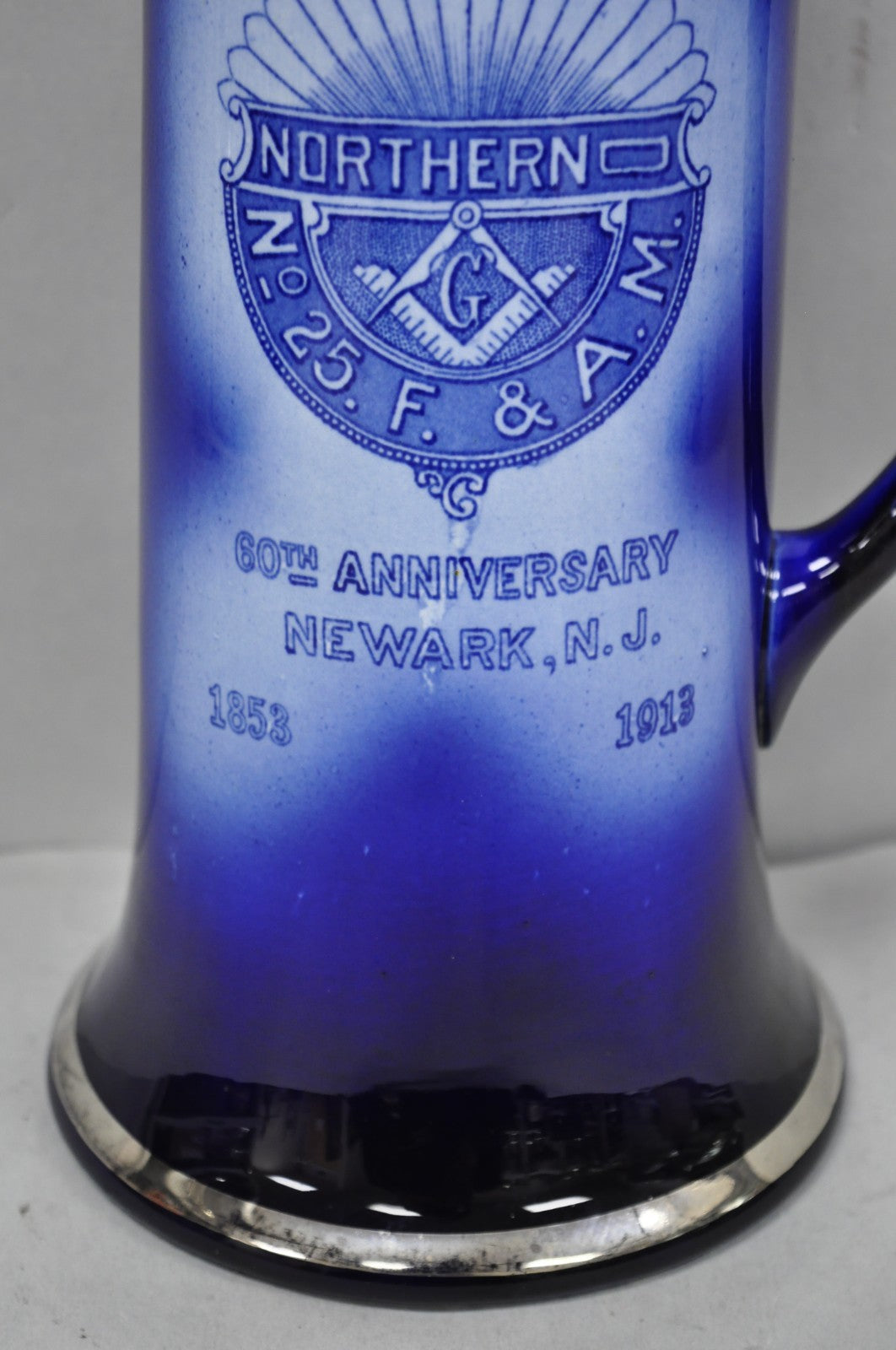 Antique 1913 60th Anni Northern Lodge No. 25 Masonic Cobalt Blue Ceramic Pitcher