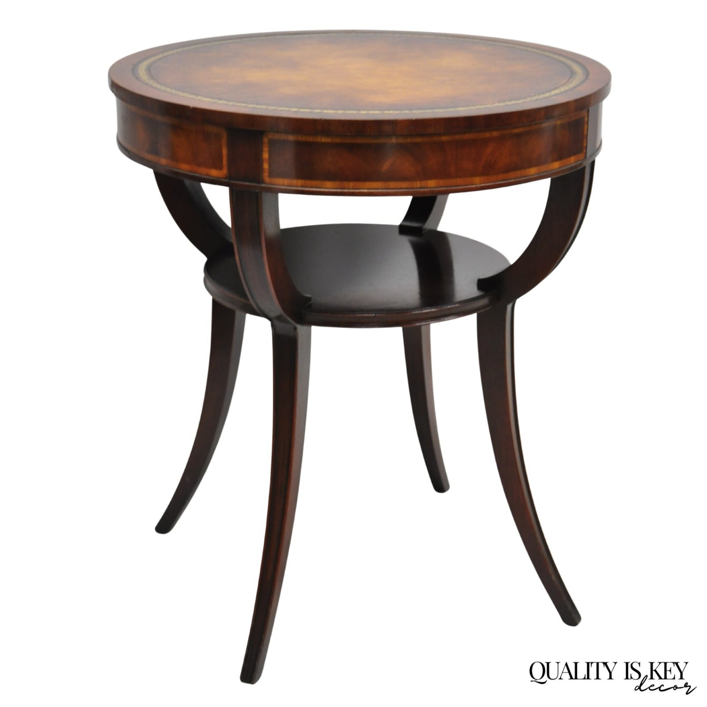 Vintage Weiman French Regency Round Mahogany Leather Top Saber Leg Side Table