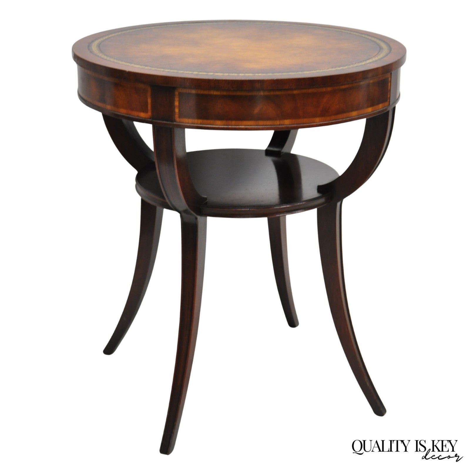 Vintage Weiman French Regency Round Mahogany Leather Top Saber Leg Side Table