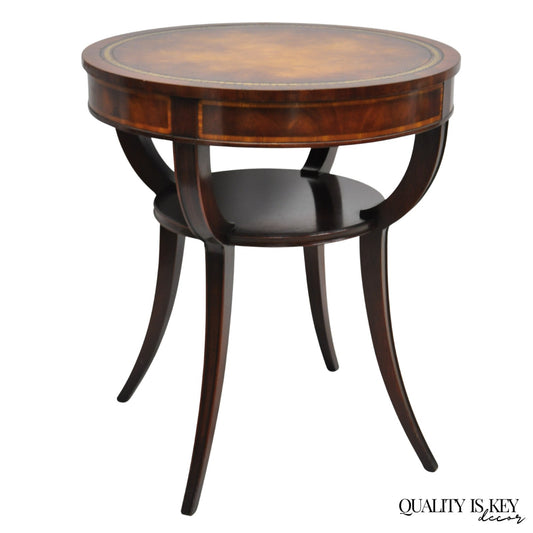 Vintage Weiman French Regency Round Mahogany Leather Top Saber Leg Side Table