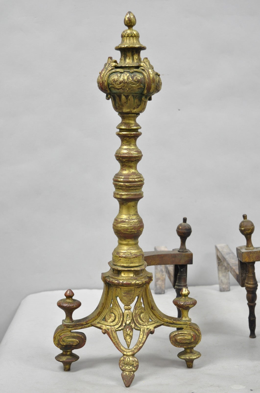 Antique French Baroque Louis XV Style Bronze Brass Andirons with Patina - a Pair