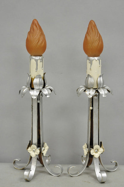 Antique Art Nouveau Wrought Iron Silver Painted Petite Boudoir Table Lamps, Pair