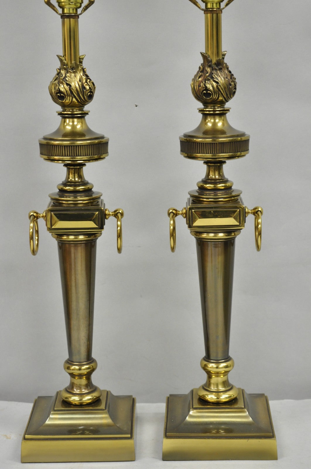 Vintage Stiffel French Neoclassical Style Flame Torch Brass Table Lamps - a Pair