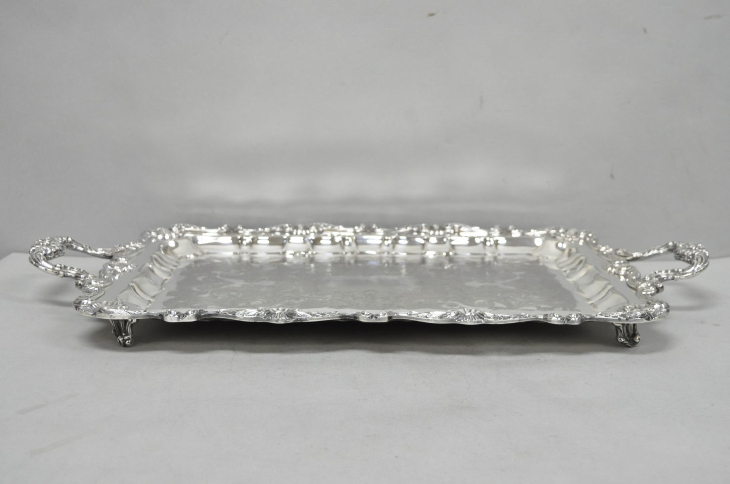 Vintage English Silver Mfg Co Silver Plated Footed Serving Platter Bar Tray