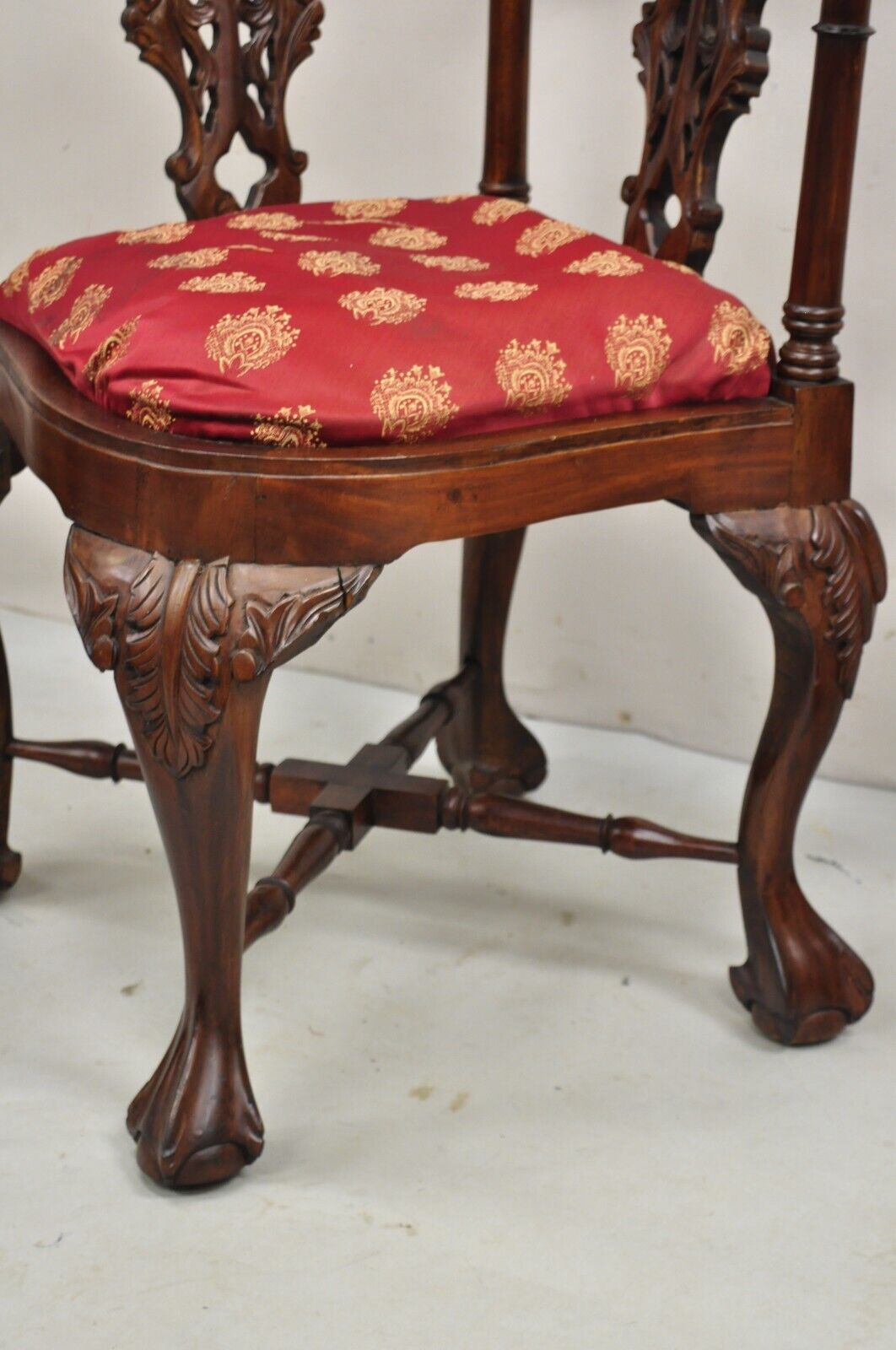 Chippendale Style Carved Mahogany Ball and Claw Corner Accent Chair - a Pair