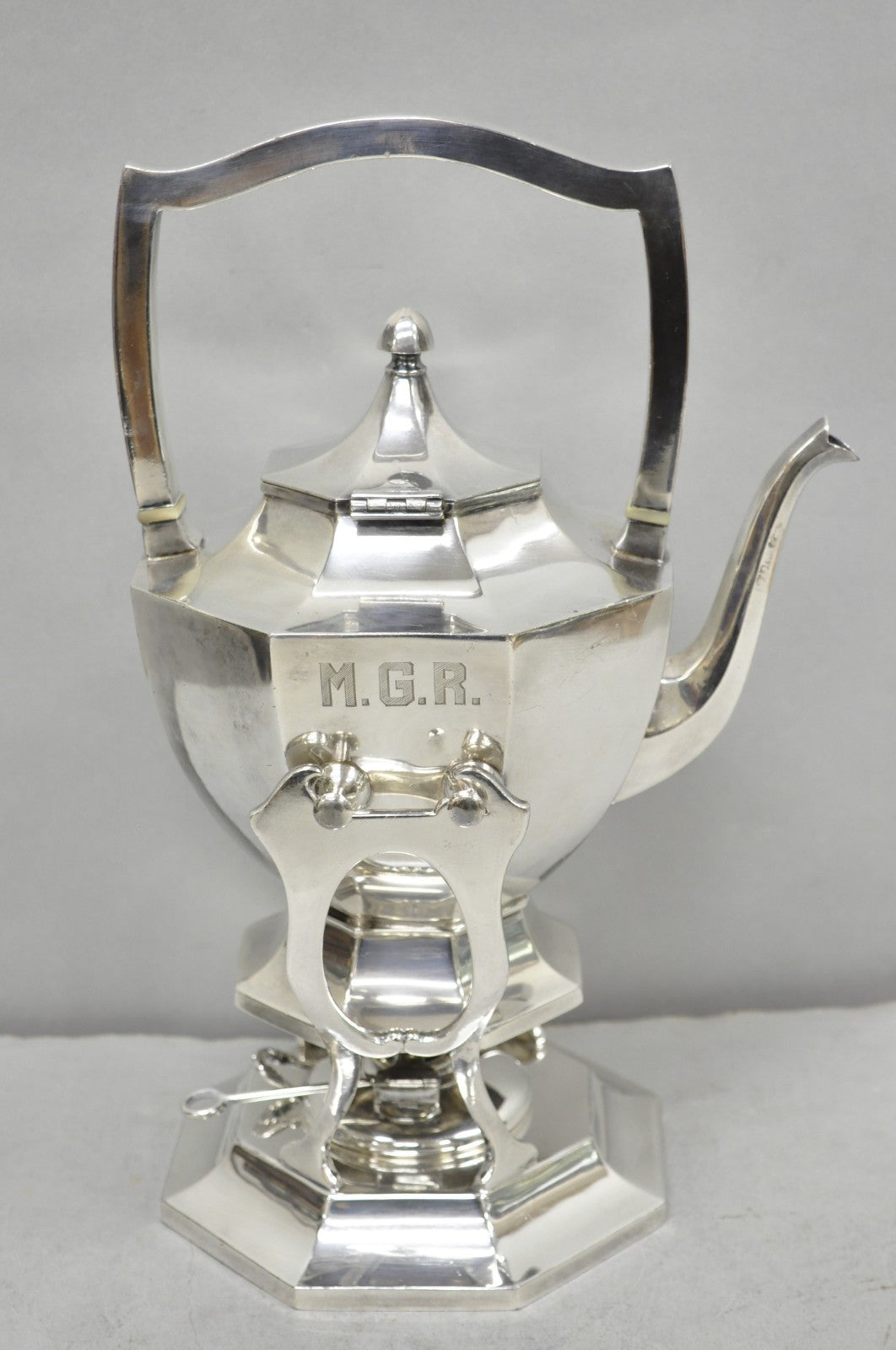 Antique Wilcox Art Deco Silver Plated Tilting Coffee Teapot on Stand "M.G.R."