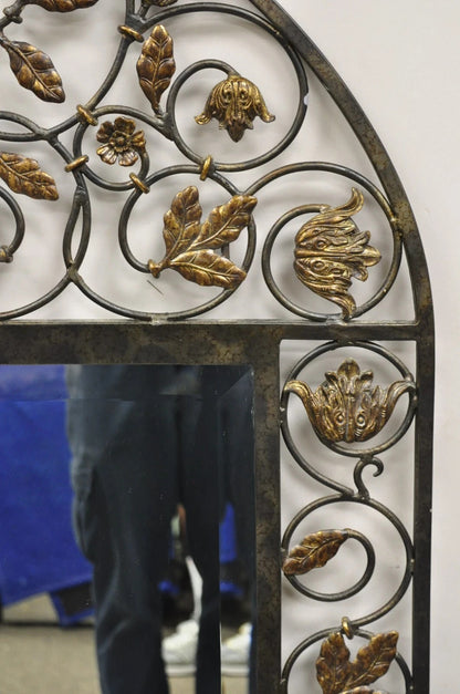 LaBarge Italian Mediterranean Wrought Iron Flower Leaf Scroll Arched Wall Mirror