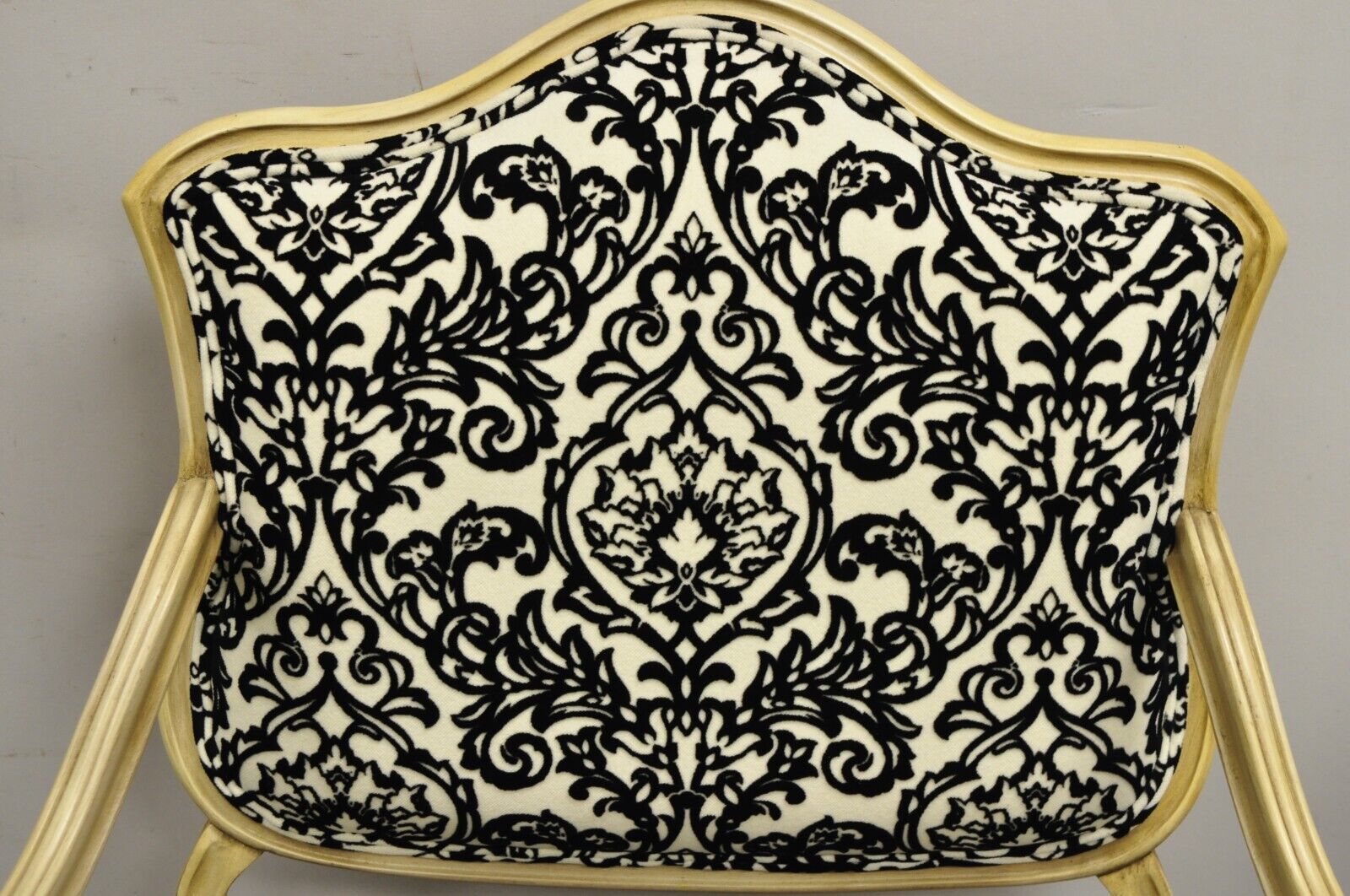 Hollywood Regency Carved Wood Low Cream Painted Damask Boudoir Chairs - a Pair