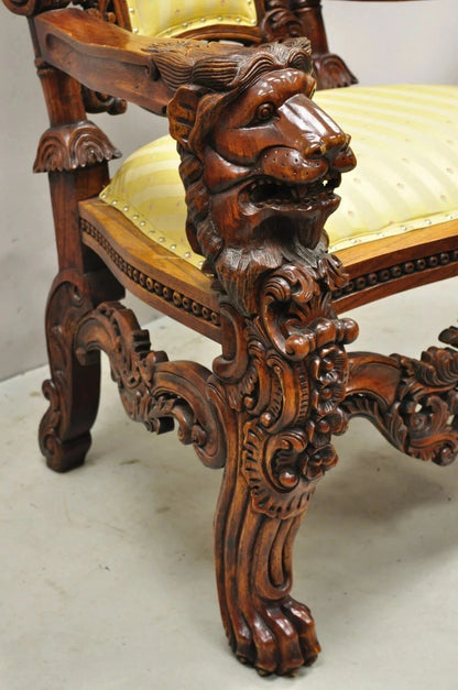 Renaissance Gothic Style Large Figural Lion Carved Wood Paw Feet Throne Chair