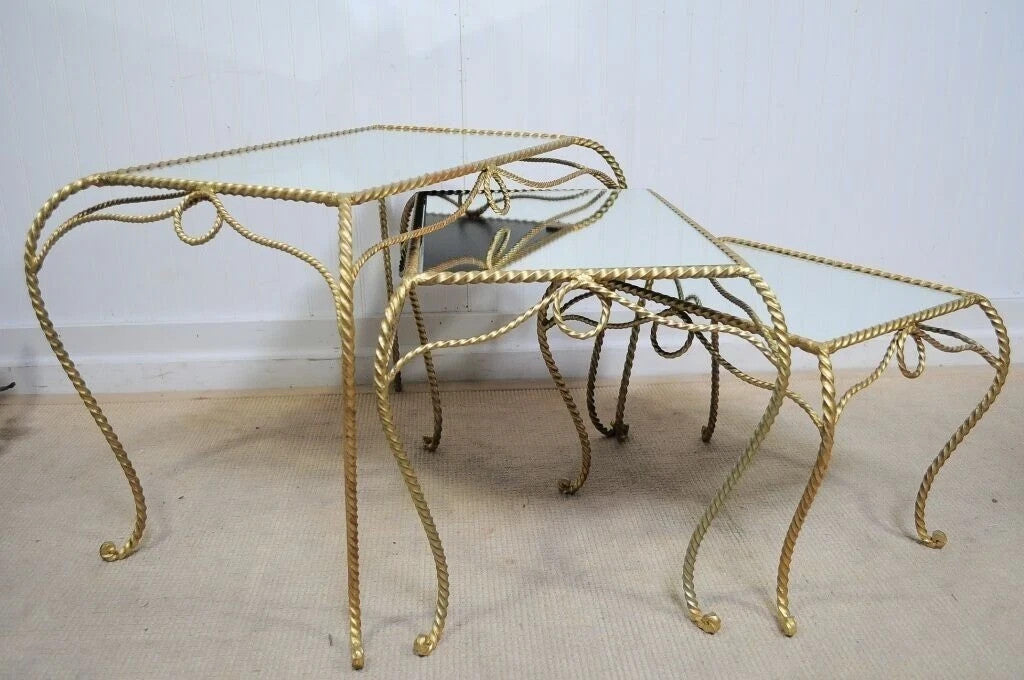 Vintage Italian Hollywood Regency Gold Rope Mirror Top 3 Pc Nesting Side Tables