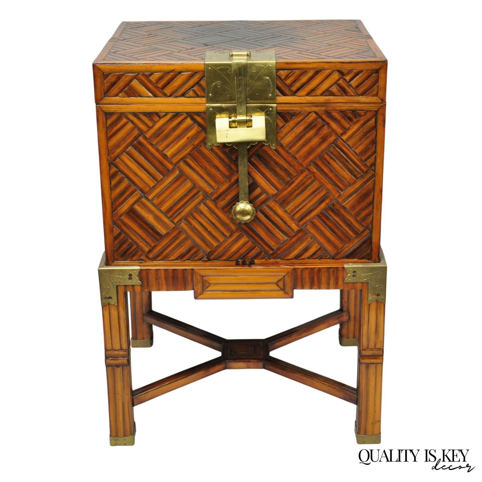 Furniture Classics Ltd Chinese Teak & Bamboo Campaign Chest Side Table on Stand