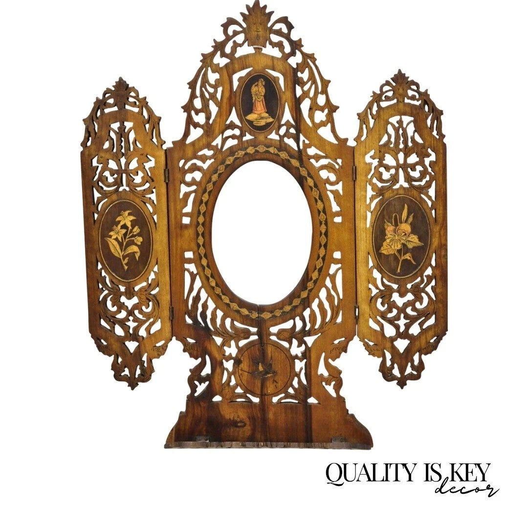 19th C Italian Sorrento Folding Marquetry Inlay Small Picture Frame Wall Mirror