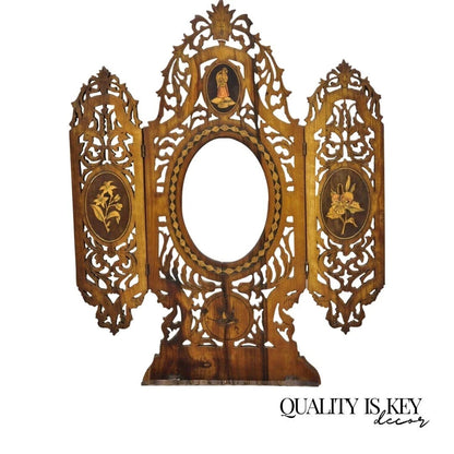 19th C Italian Sorrento Folding Marquetry Inlay Small Picture Frame Wall Mirror