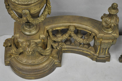 Antique French Empire Patinated Bronze Lion Flame Urn Chenet Andirons - a Pair