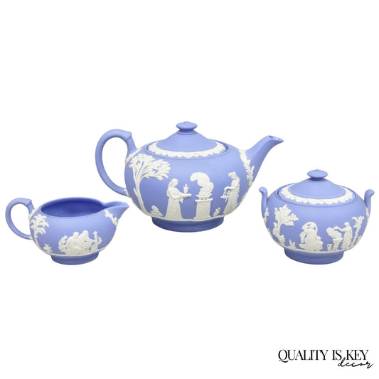 Antique Wedgwood Blue Jasperware Tea Set w/ Tea Pot Creamer Sugar Bowl 3 Pc Set
