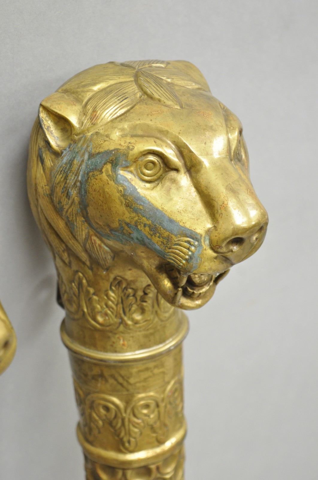 Vintage Italian Regency Neoclassical Large Brass Lion Sconce Door Handles Pair