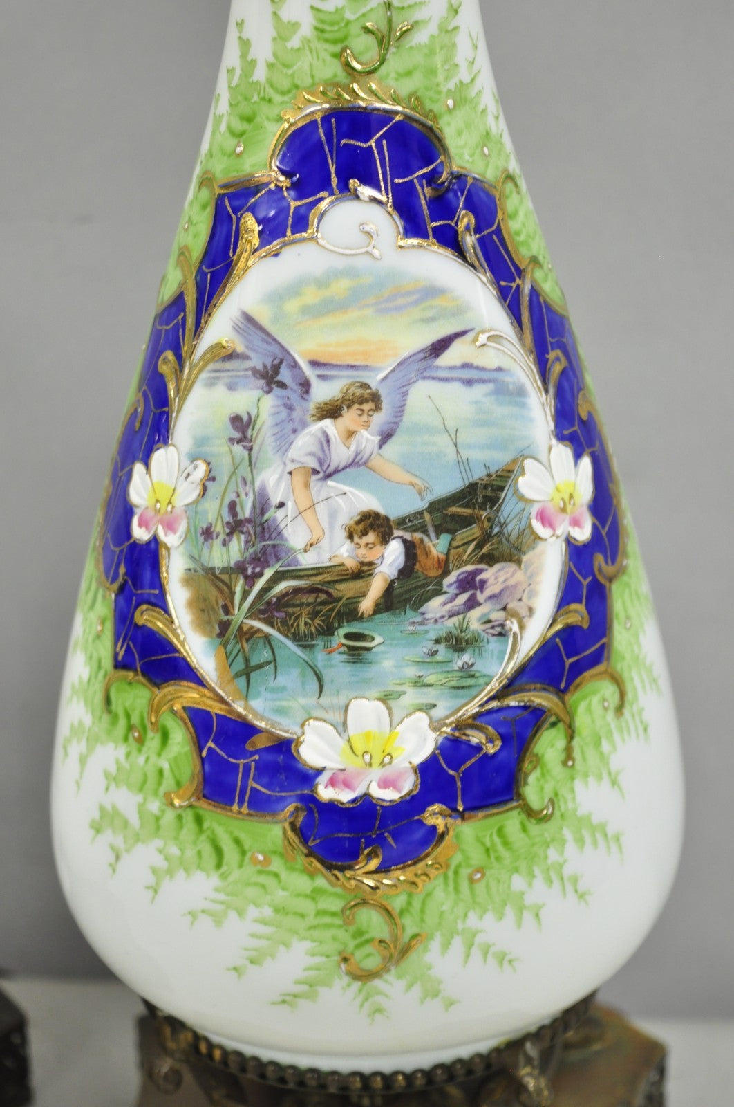 Antique Victorian French Hand Painted Angel and Child Glass Table Lamps - a Pair
