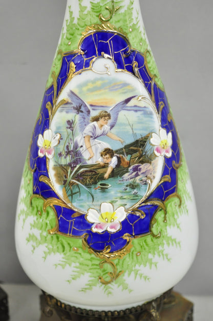 Antique Victorian French Hand Painted Angel and Child Glass Table Lamps - a Pair