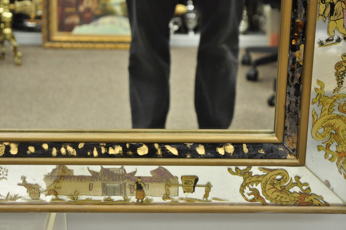 Vintage Chinoiserie Figural Eglomise Reverse Painted Oriental Wall Mirror