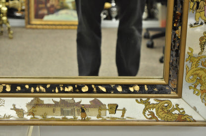 Vintage Chinoiserie Figural Eglomise Reverse Painted Oriental Wall Mirror