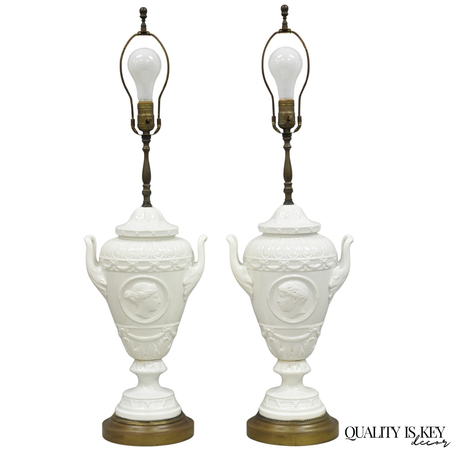 Antique Italian Neoclassical Greco Roman White Porcelain Urn Table Lamps - Pair