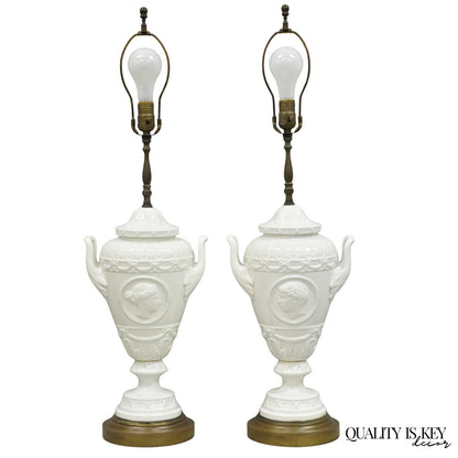 Antique Italian Neoclassical Greco Roman White Porcelain Urn Table Lamps - Pair