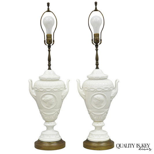 Antique Italian Neoclassical Greco Roman White Porcelain Urn Table Lamps - Pair