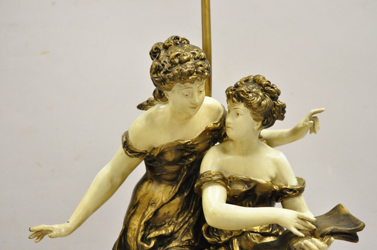 Antique French Rennaisance Moreau Figural Metal Table Lamp w/ Two Women