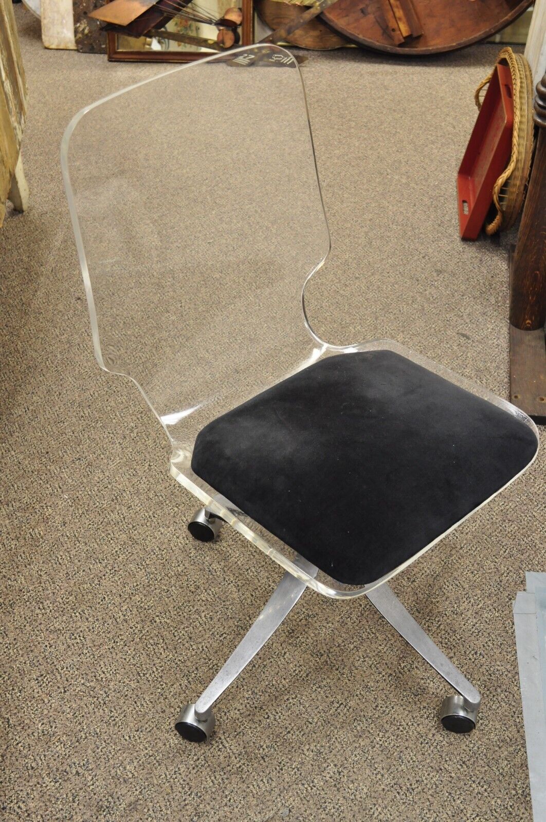 Mid Century Modern Clear Lucite Aluminum Swag Base Rolling Swivel Desk Chair