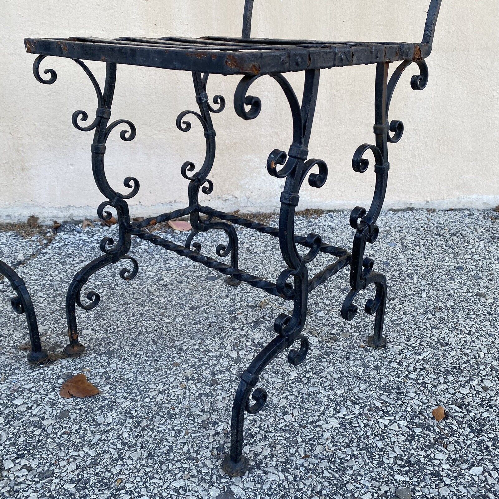 Antique French Art Nouveau Scrolling Iron Garden Patio Side Chairs - Set of 4