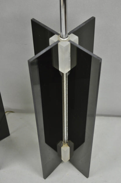 Vintage Mid Century Modern Smoked Lucite X-Base Chrome Table Lamps - a Pair