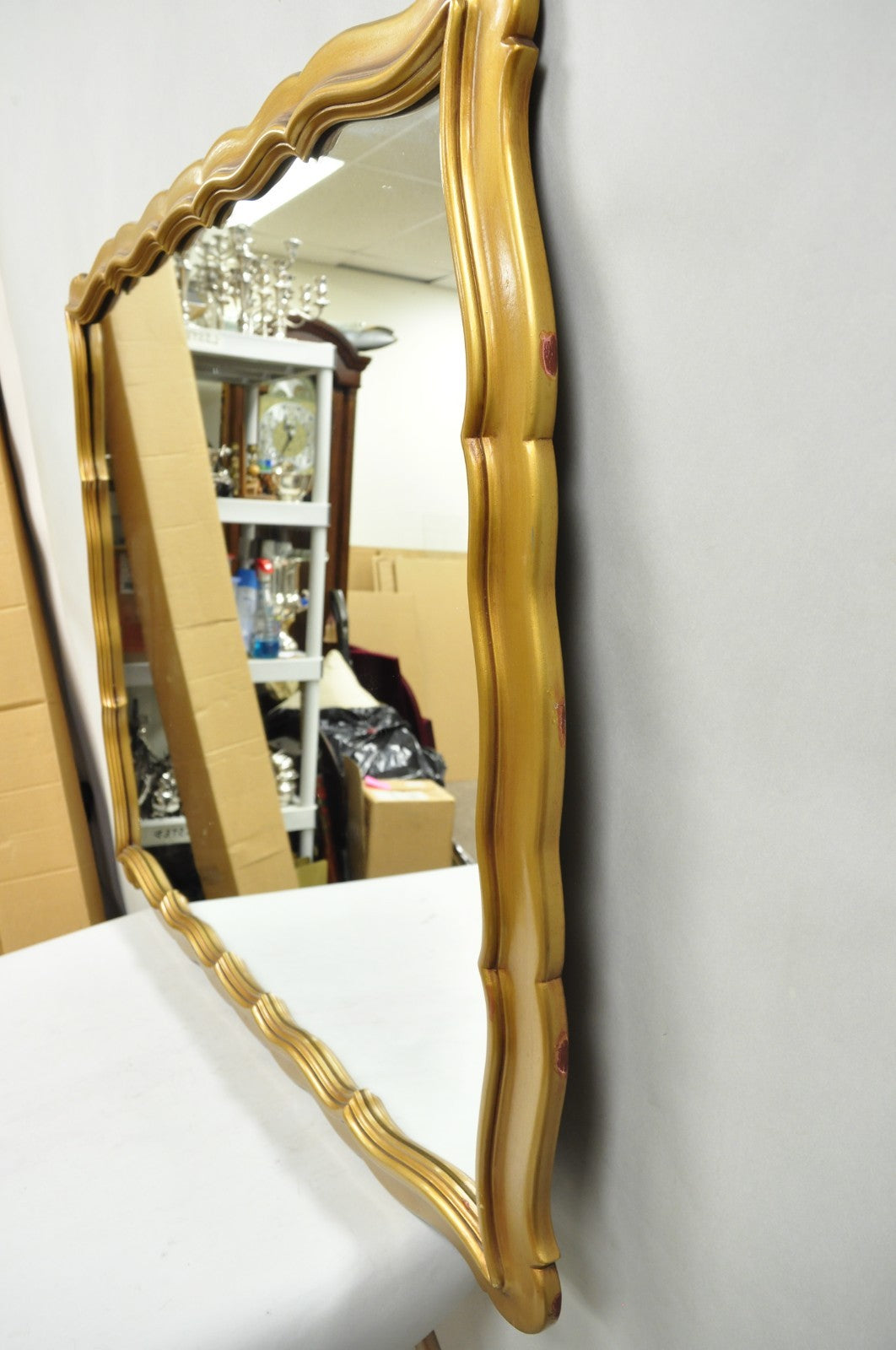 Vintage Hollywood Regency Gold Scalloped Serpentine Wood Frame Wall Mirror