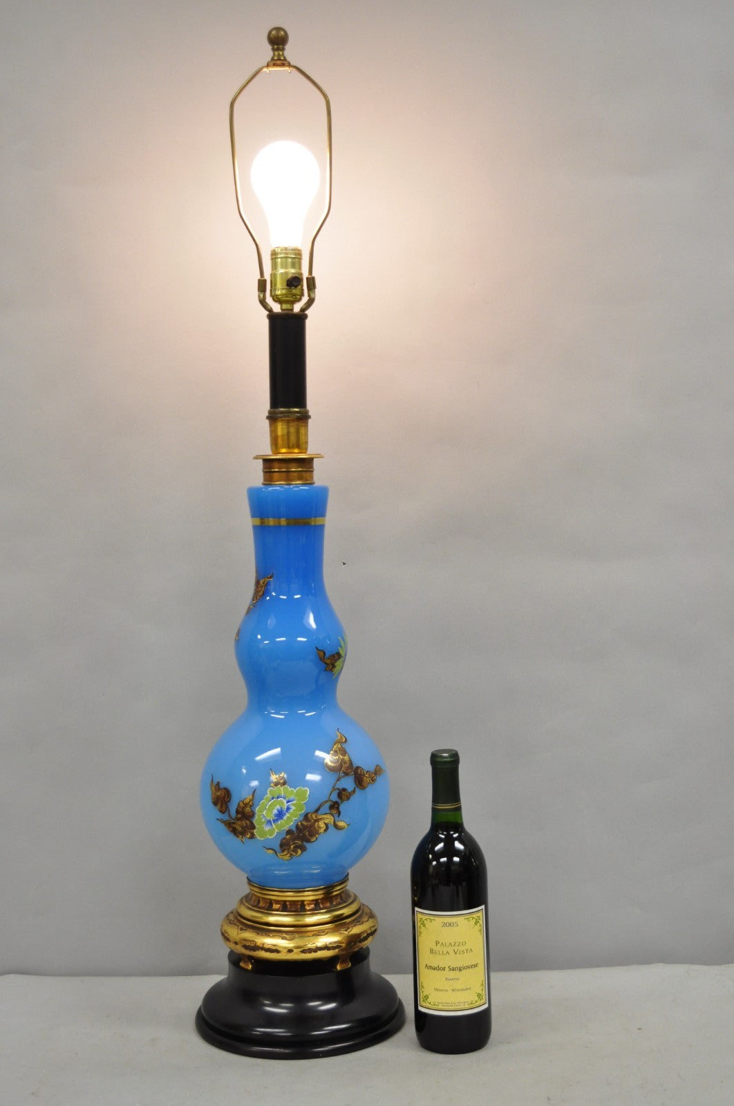 Vintage Chinoiserie James Mont Style Blue Glass Gold Gilt Tall Table Lamp