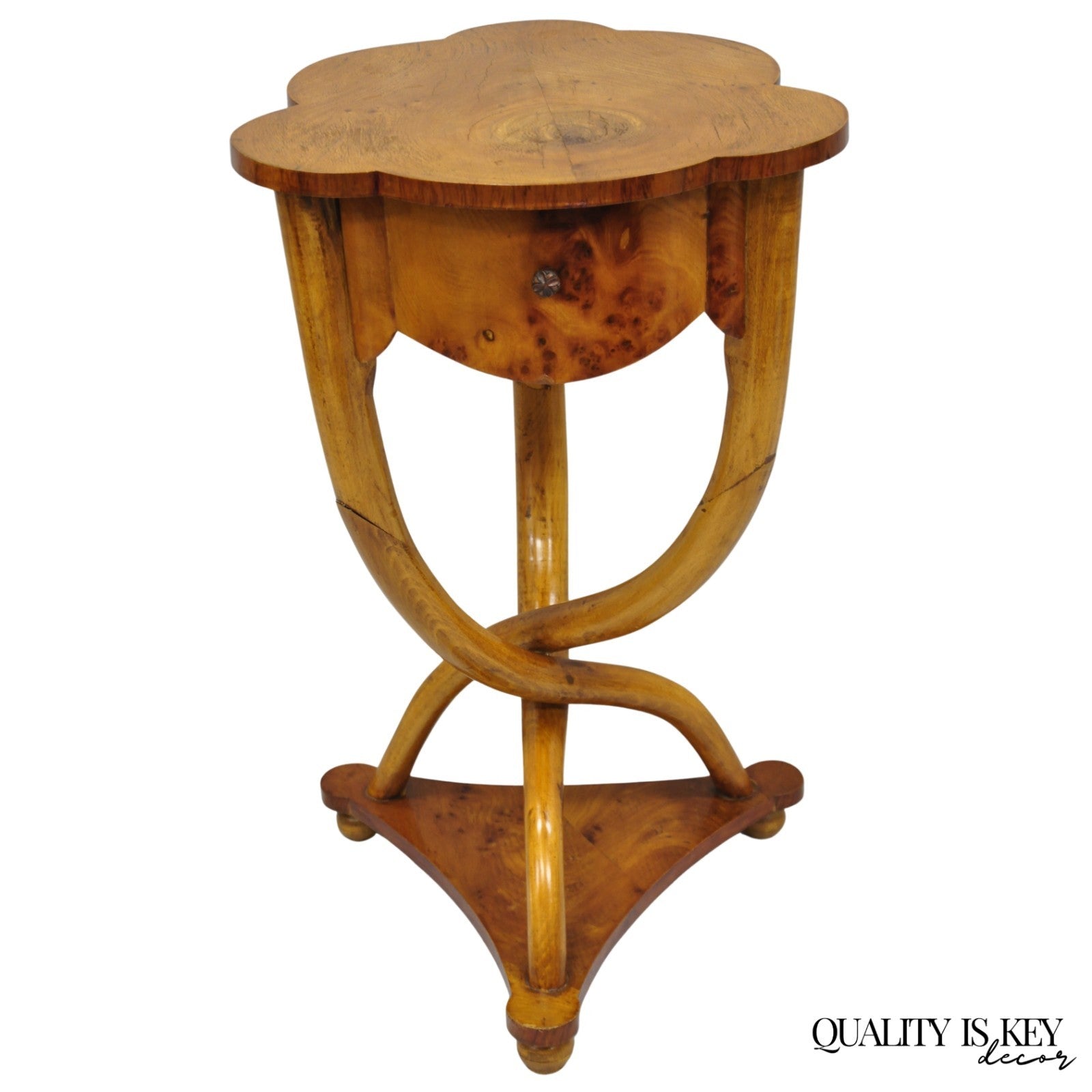 Vintage Art Deco Style Burr Walnut Curved Leg Pedestal One Drawer Side Table