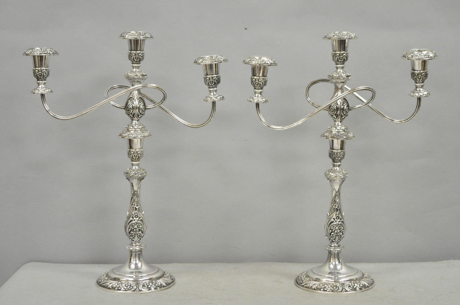 Heritage 1847 Rogers Bros 9416 Silver Plated 3 Arm Ornate Candelabra - a Pair