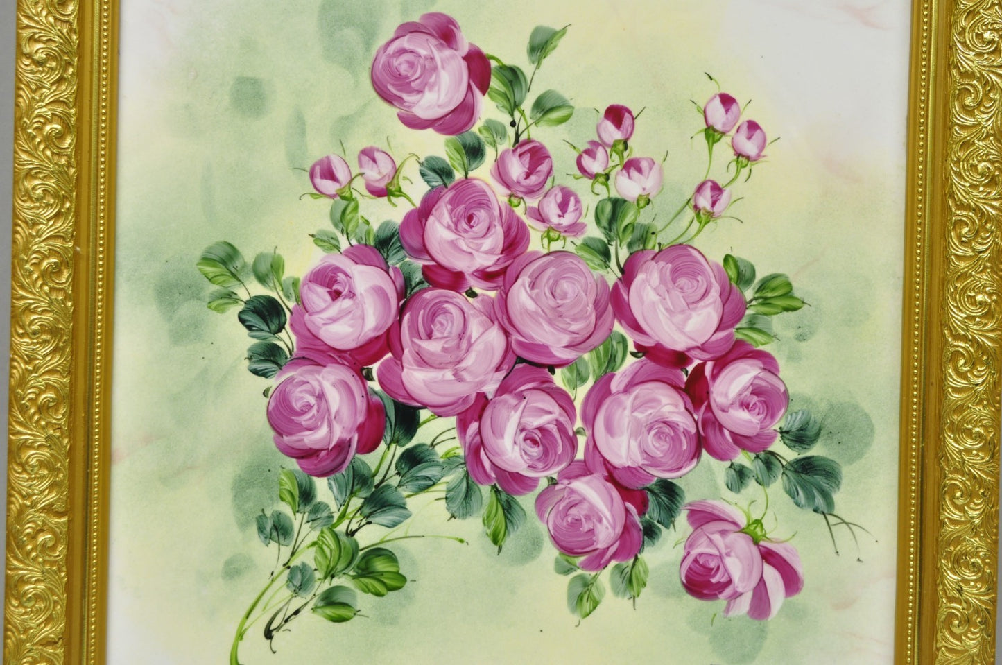 Mary Wilson French Hand Painted Porcelain Plaque Pink Rose Flower Painting (A)