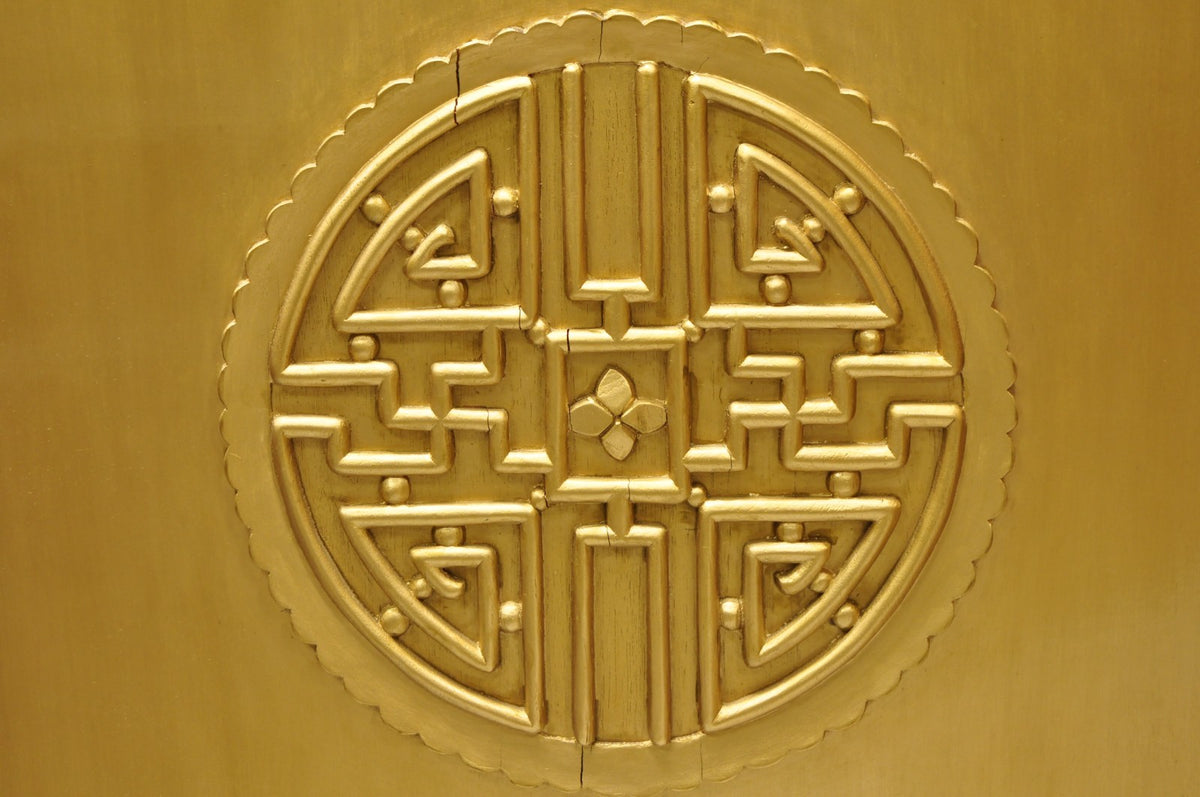 Vintage Chinoiserie Lattice Fretwork 4 Panel Gold Folding Screen Room Divider