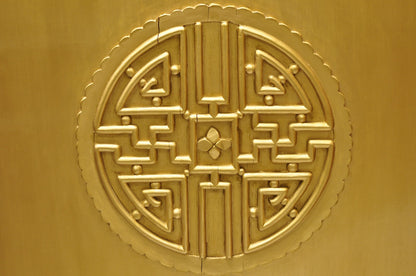 Vintage Chinoiserie Lattice Fretwork 4 Panel Gold Folding Screen Room Divider