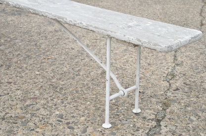 Antique French Industrial 94" Long White Distress Paint Wrought Iron Wood Bench