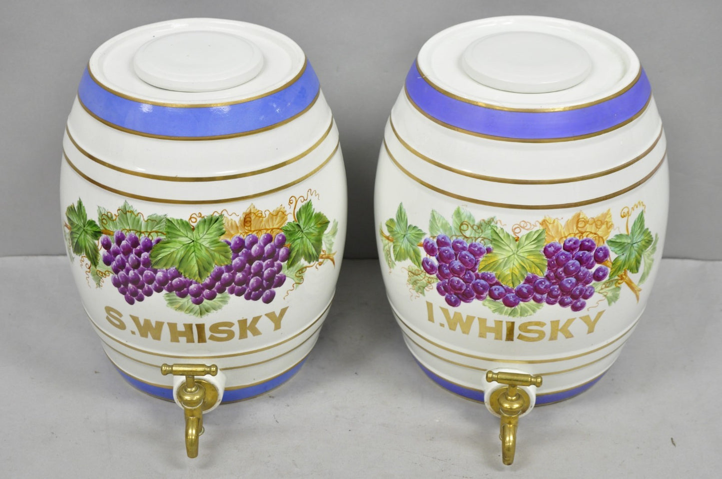 Antique Loftus London English Victorian Porcelain Spirits Whisky Barrels - Pair