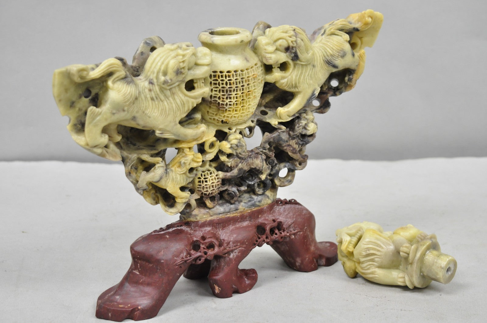 Vintage Chinese Carved Soapstone Foo Dog Figural Incense Burner Sculpture