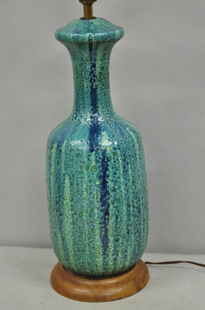 Vintage Mid Century Modern Turquoise Blue Ceramic Drip Glazed Pottery Table Lamp