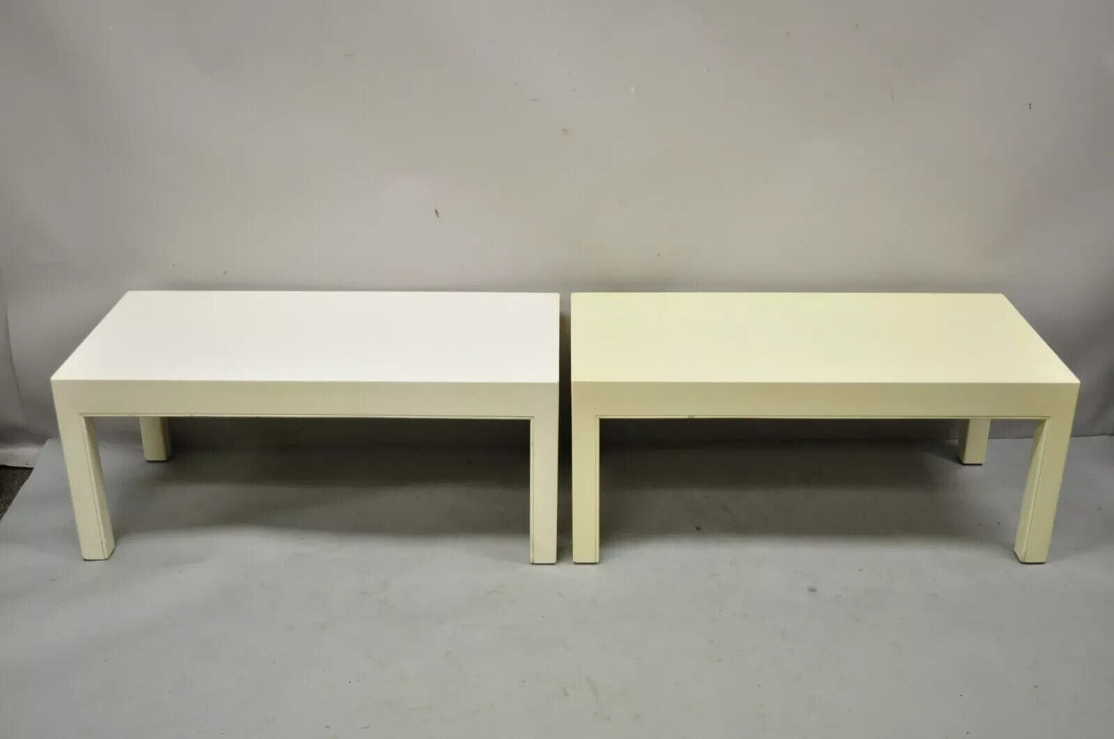 Vintage Modern Solid Wood Cream Lacquered Parsons Low Pedestal Side Table - Pair