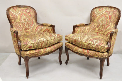 Vintage French Country Carved Walnut Burgundy Bergere Lounge Arm Chairs -a Pair