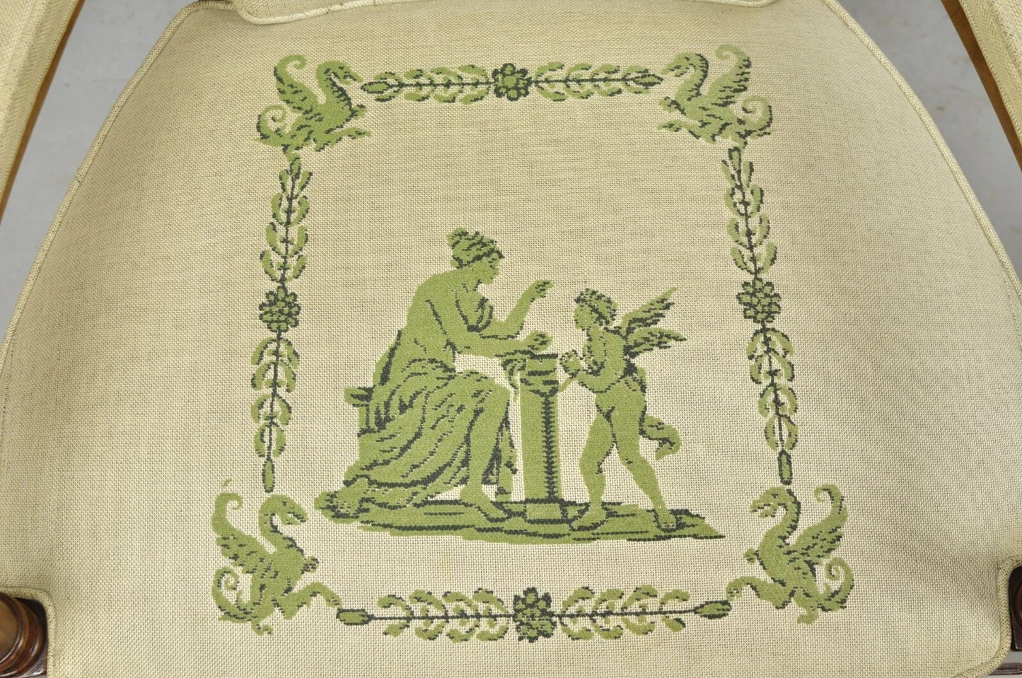 Vintage Italian Hollywood Regency Tall Back Upholstered Cherry Lounge Arm Chair