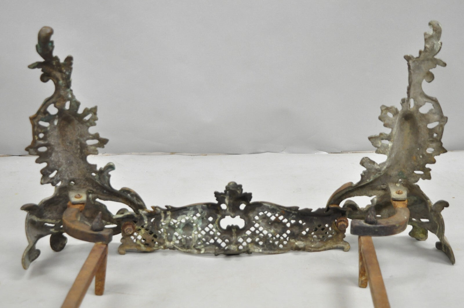 Antique French Louis XV Patinated Brass Bronze Small Fireplace Andirons & Fender