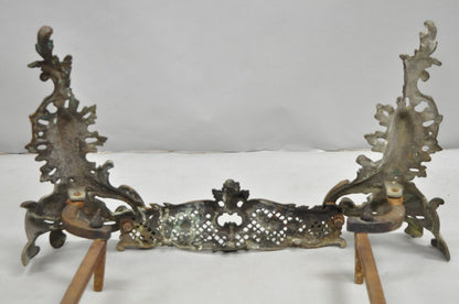 Antique French Louis XV Patinated Brass Bronze Small Fireplace Andirons & Fender