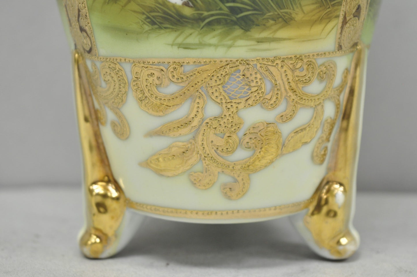 Antique Nippon Hand Painted Porcelain Twin Handled Vase w/ Swan & Lake Scene