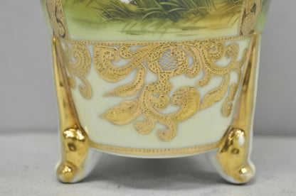 Antique Nippon Hand Painted Porcelain Twin Handled Vase w/ Swan & Lake Scene